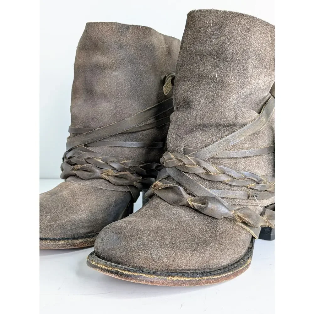 Freebird by Steven Cairo Boots 7 Brown Suede Strappy Heeled Boho Festival Zip